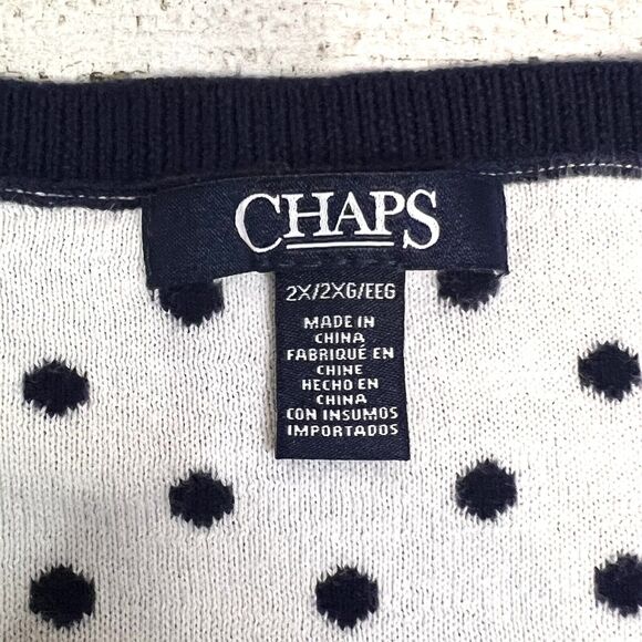 Chaps Sweater Women's 2X Blue White Polka Dot 3/4 Sleeve Ribbed Trim Crew Neck - Picture 4 of 7